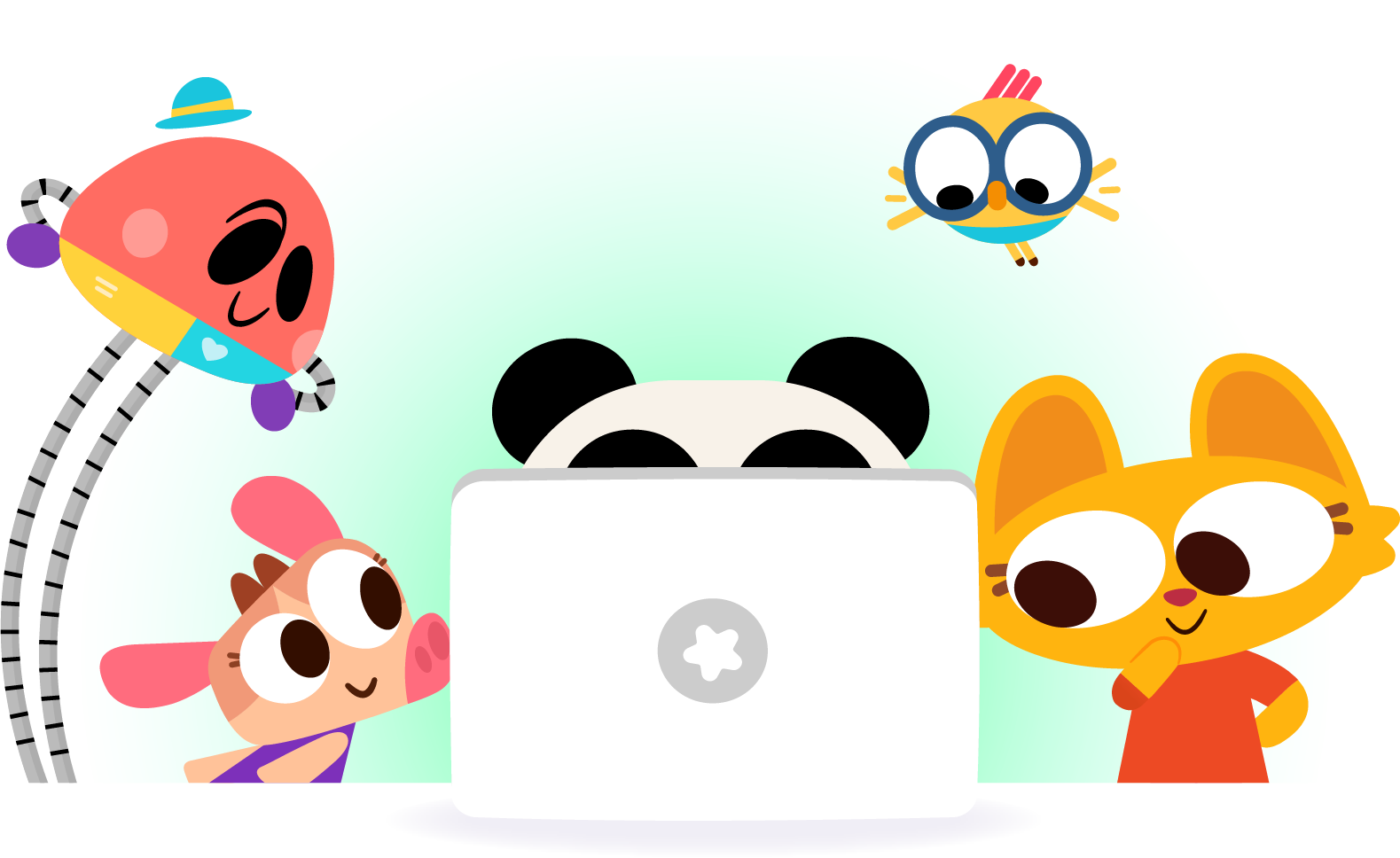 Lingokids characters around a laptop