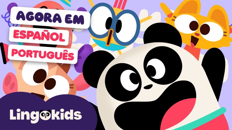 Os personagens do Lingokids comemorando juntos, com etiquetas que dizem Agora em espanhol e português