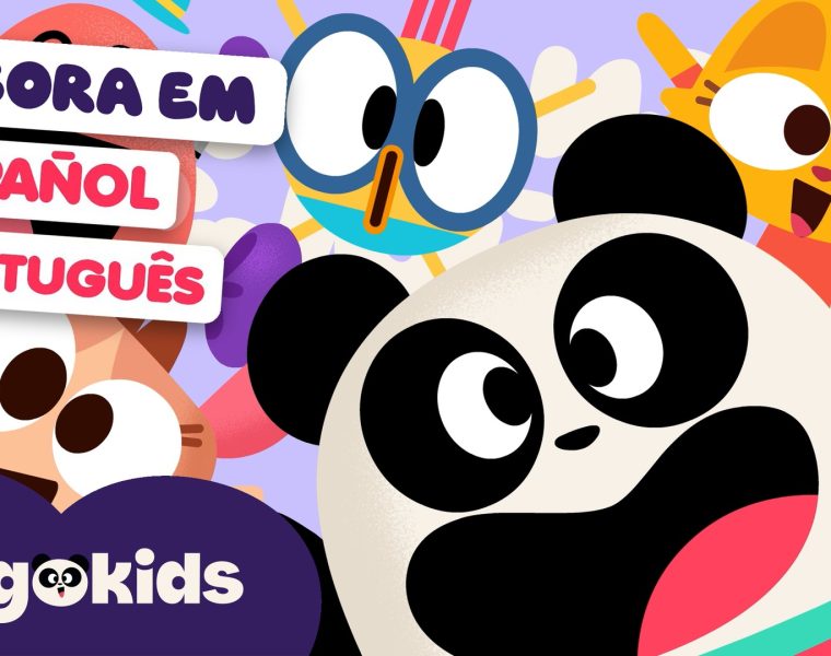 Os personagens do Lingokids comemorando juntos, com etiquetas que dizem Agora em espanhol e português